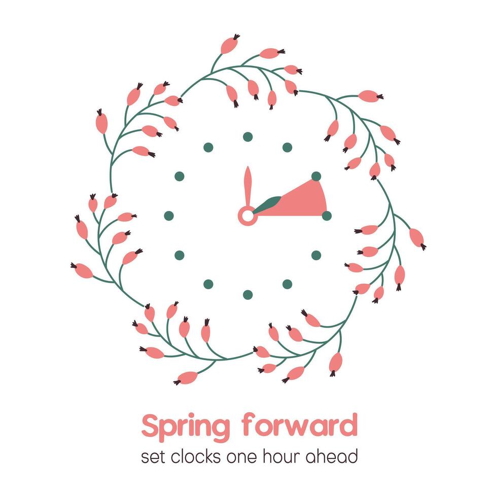 Spring Forward reminder. Vector illustration in flat style with floral frame isolated on white background. Summer time in March