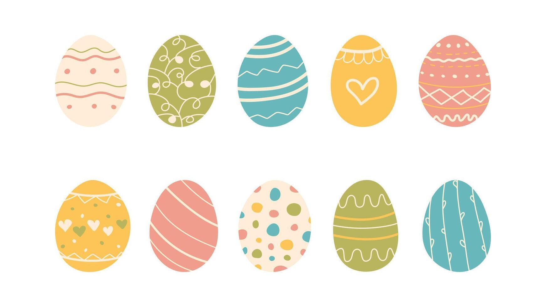Multicolored hand drawn Easter eggs set. Doodle style Shell decorated with different shapes, lines and circles in various colors. Simple icons and elements for posters and holiday banners vector