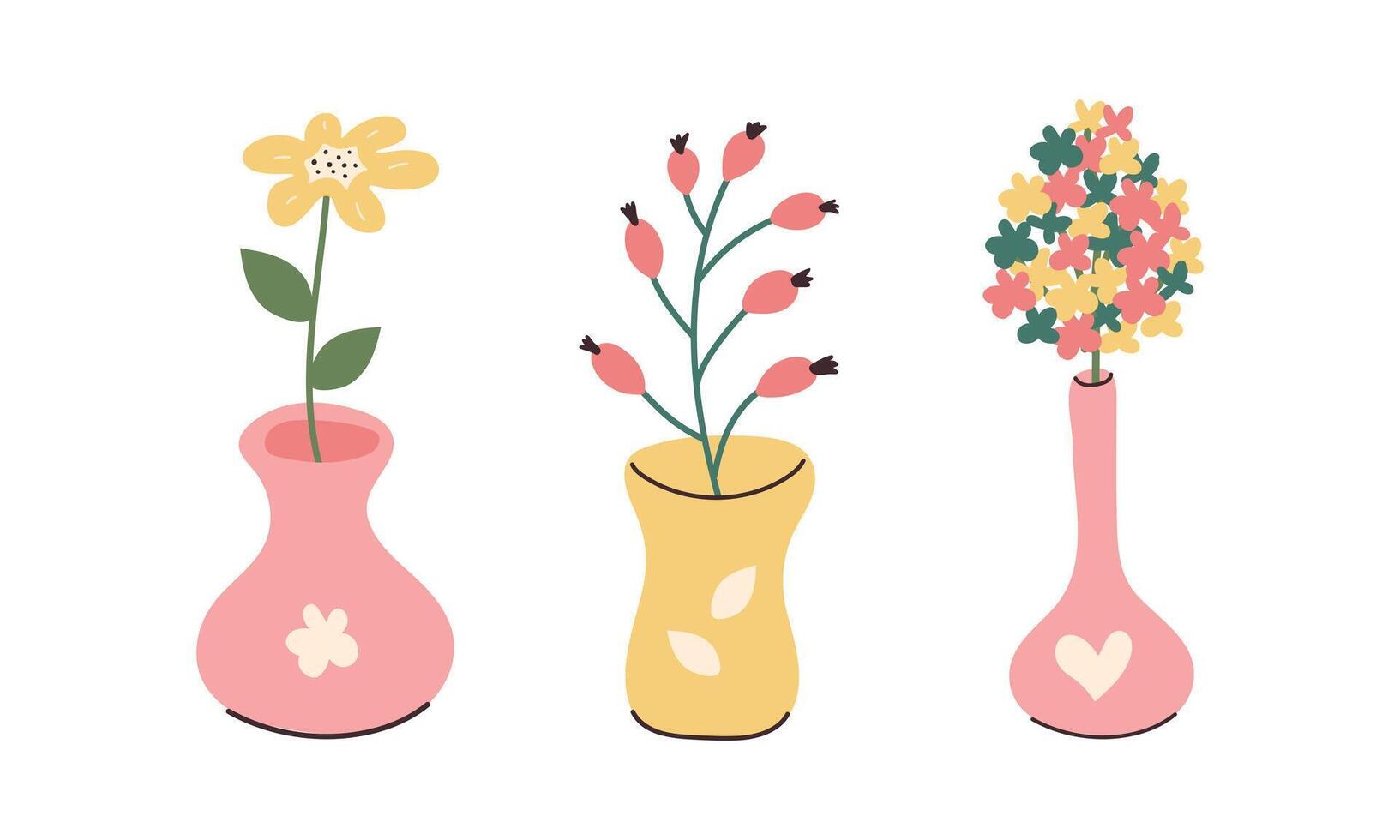 Abstract Hand drawn Spring flowers in Vases. Summer bright floral set in doodle style. Gift for girls in hand-drawn style. Vector illustration for cards and posters.