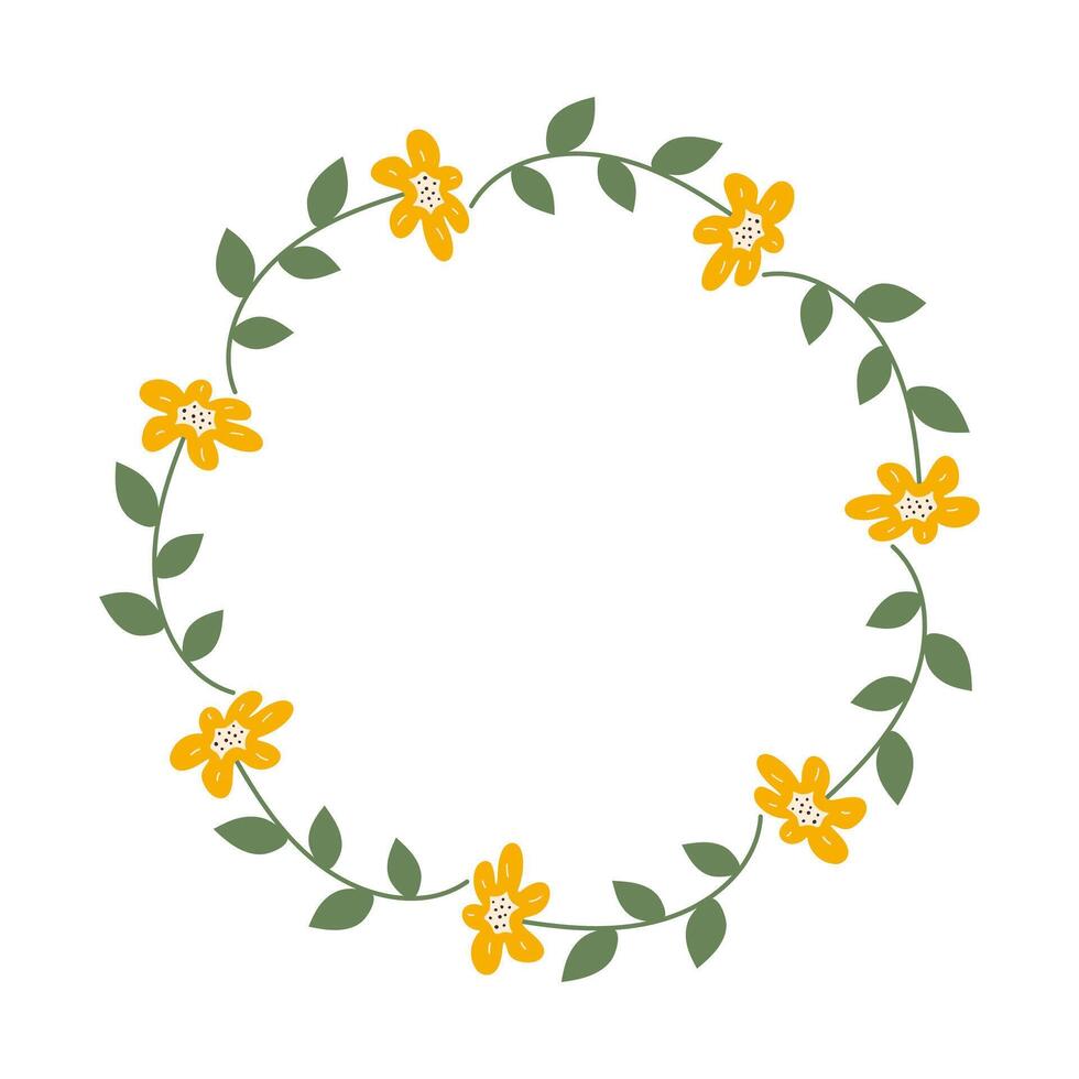Spring minimalist floral Wreath with copy space. Hand drawn frame with Yellow flowers. Flat summer decoration elements for invitation cards posters. vector