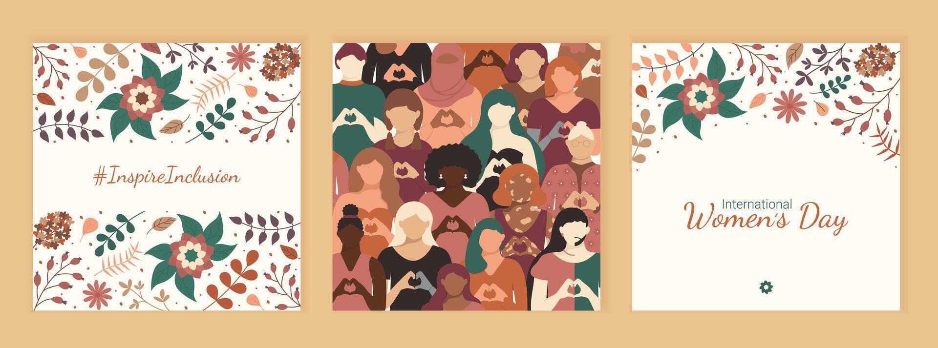 International Women's day 2024 square posters. Social media InspireInclusion post. Postcards with leaves, flowers and text. Greeting card Inspire Inclusion. Diverse women heart shaped hands stand. vector