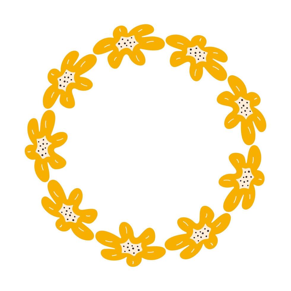 Floral Spring minimalist Wreath with copy space. Hand drawn frame with Yellow flowers. Flat summer decoration elements for invitation cards posters. vector