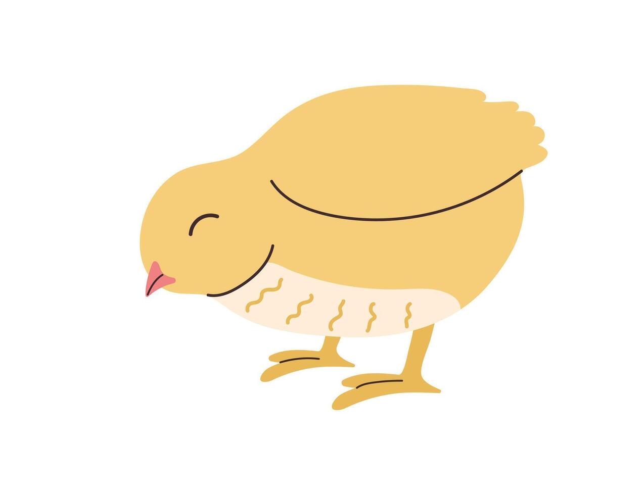 mano dibujado linda en pie pequeño amarillo polluelo. kawaii pollo pájaro pajarito en el nido icono o impresión. aislado en antecedentes. plano vector primavera Pascua de Resurrección diseño en de colores garabatear estilo.