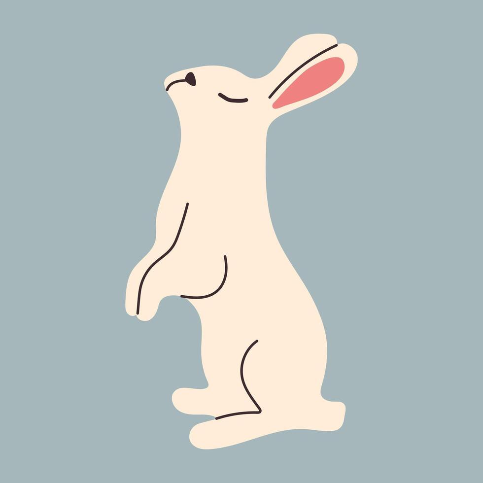 White Hand drawn Bunny stands on its hind legs isolated on blue background. Minimalistic design with Rabbit in doodle style. Cute character with big ears in flat style for Easter cards and posters. vector