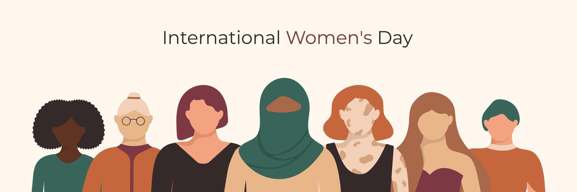 International Women's Day background with diverse girls in faceless style. Diversity ethnicities religions colors body ages Feminine banner. vector