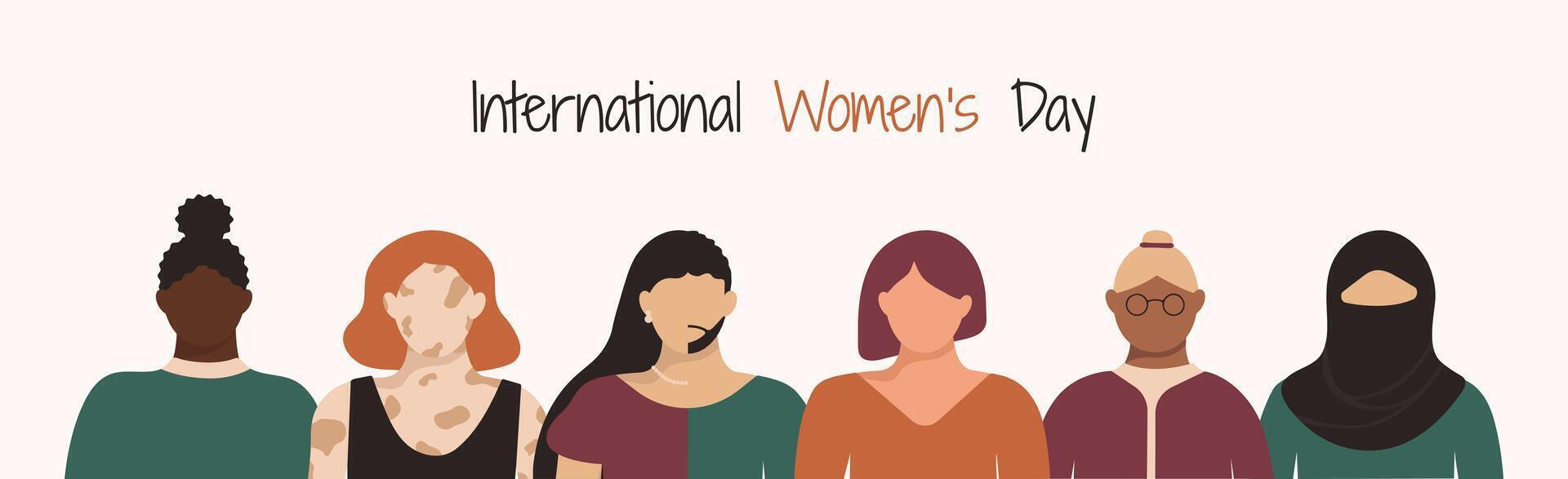 International Women Day banner. Woman in leadership, empowerment, gender equality concept. Crowd of girls of diverse age, races and identification in faceless style. Vector spring holiday background.