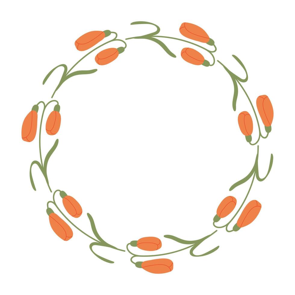 Doodle Floral Wreath made of orange flowers in circle. Hand drawn minimalist botanical element. Round frame or border of tulips with place text, quote or logo in flat style. vector