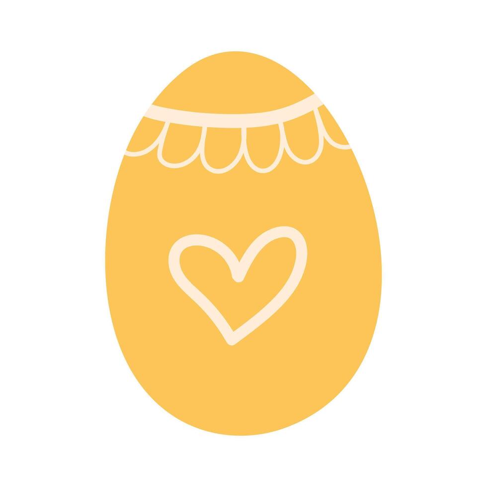 Yellow Hand drawn Easter Egg. Doodle style Shell decorated with heart. Simple icons and elements for posters and holiday banners. vector