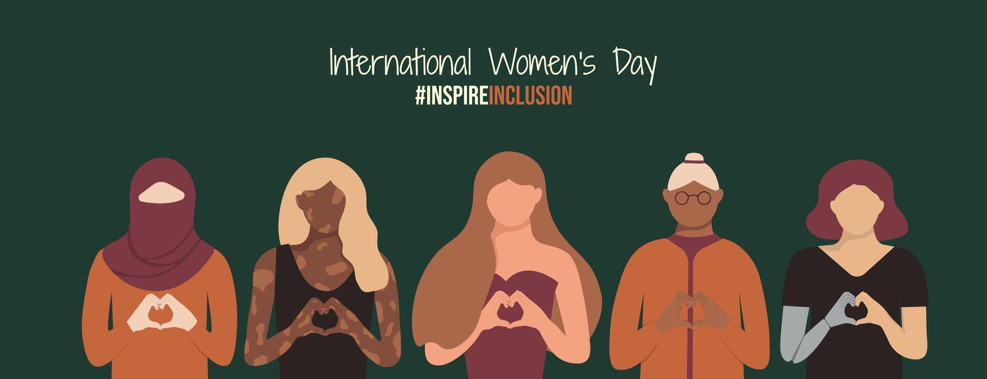 inspirar inclusión 2024 oscuro bandera. internacional De las mujeres día inspirarinclusión eslogan. varios religiones colores cuerpo siglos femenino. diverso habilidades y etnias muchachas con en forma de corazon manos. vector