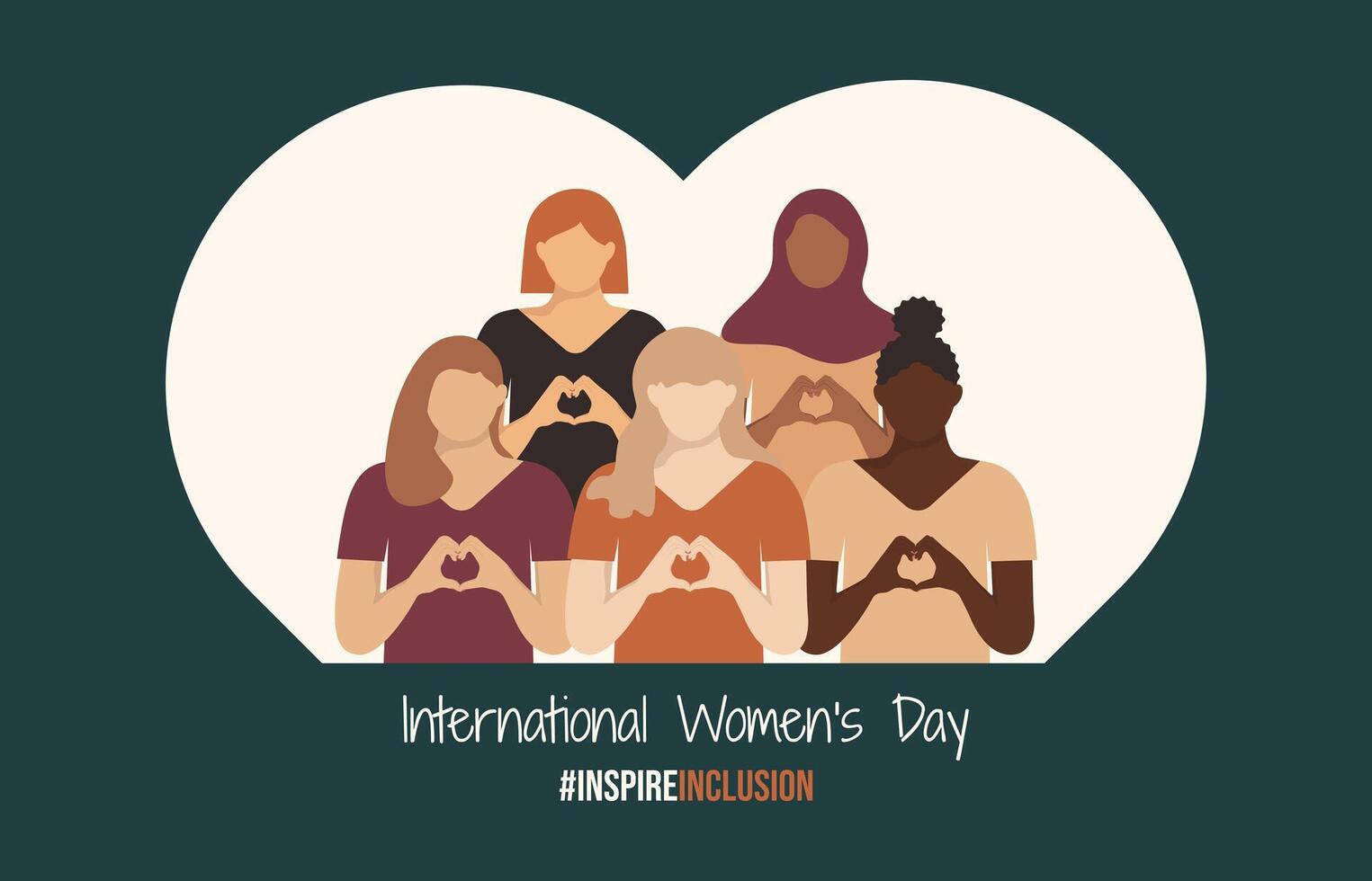 IWD InspireInclusion horizontal design with girls shows Heart Shape with hands on Dark background. International Women's Day banner 2024. Inspire inclusion Varied Women in faceless style. vector