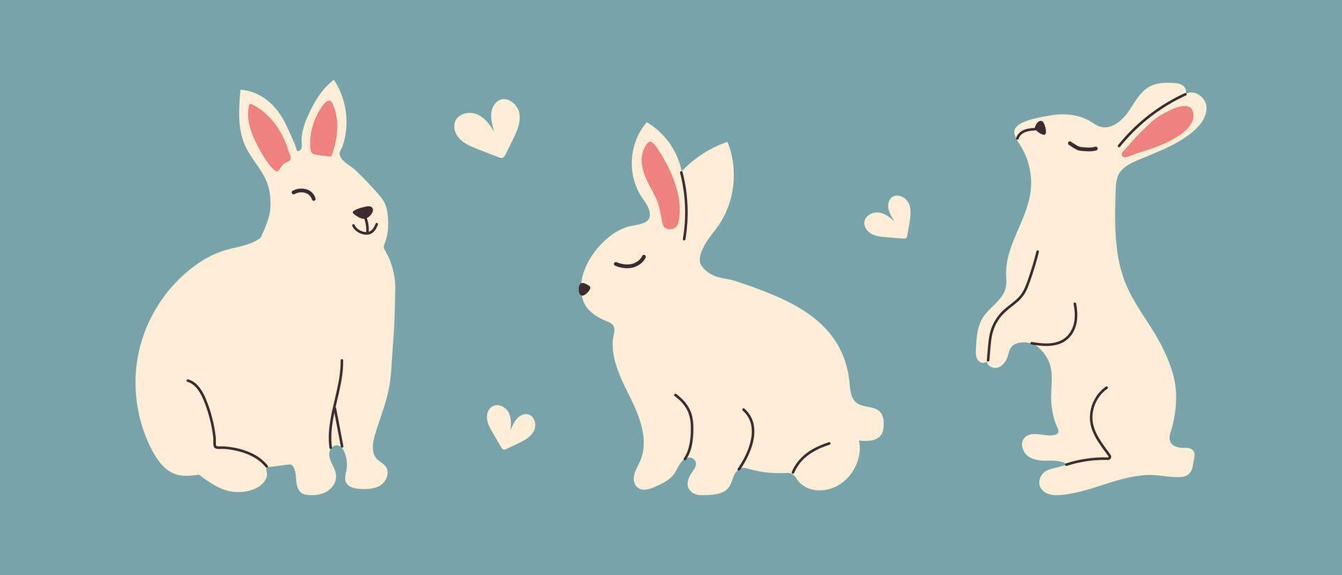 Minimalistic set with hand-drawn white Rabbits. Doodle Bunny for decorating holiday cards and banners. Happy Easter simple cute characters. vector