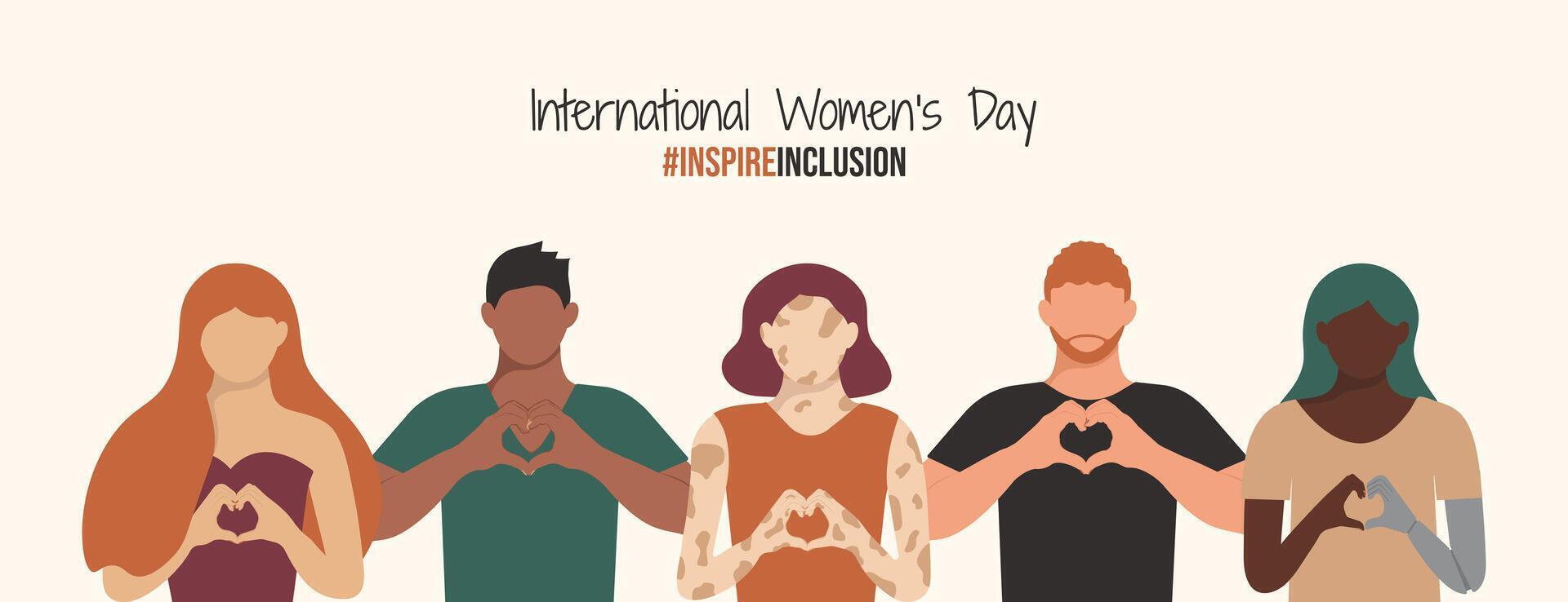 Men and girls side by side on Inspire Inclusion 2024 International Women's Day banner. Diversity Multiracial Girls and Boys with different figure, age, disabled Strike InspireInclusion pose on IWD. vector