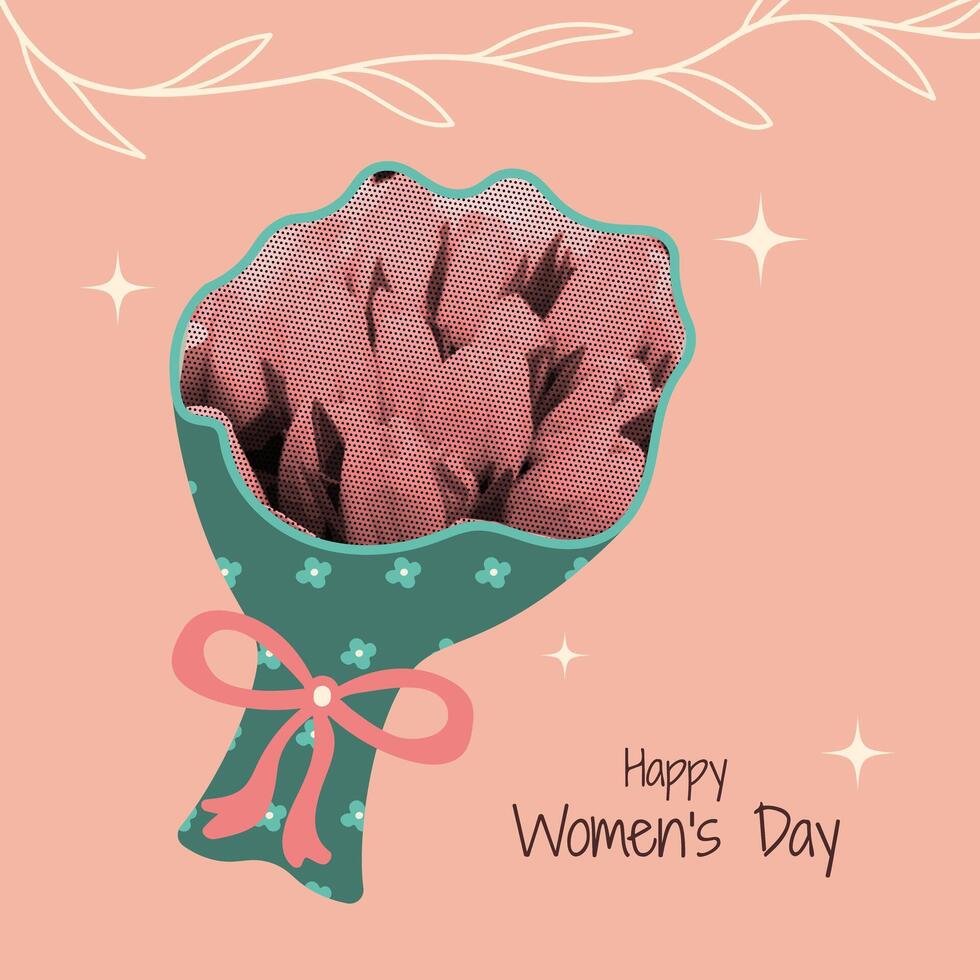 Collage for International Women's Day with Halftone effect. Spring greeting Card or poster with bouquet of tulips. Square vector illustration with paper cut elements. Contemporary y2k art.