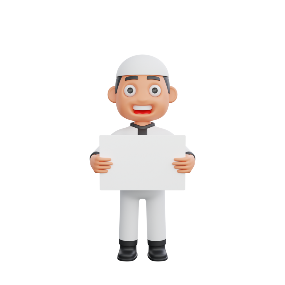 3D illustration of a cute Muslim boy holding a blank board sign png