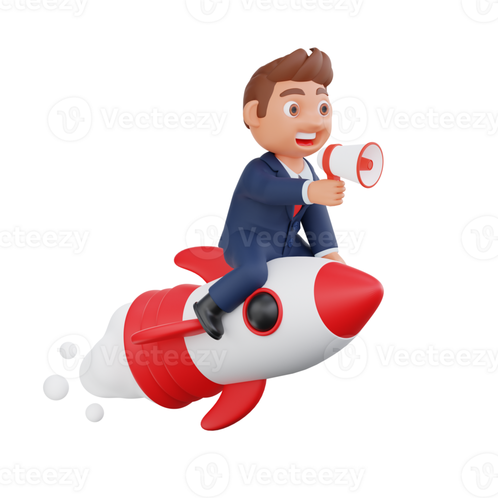 3d Illustration Businessman flying on rocket and doing business marketing png