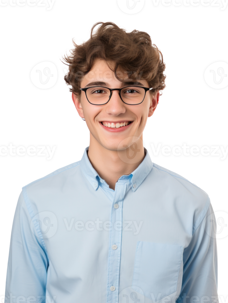AI generated a smiling young man in glasses and blue shirt, png