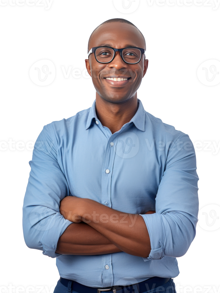 AI generated man in glasses smiling with arms folded png
