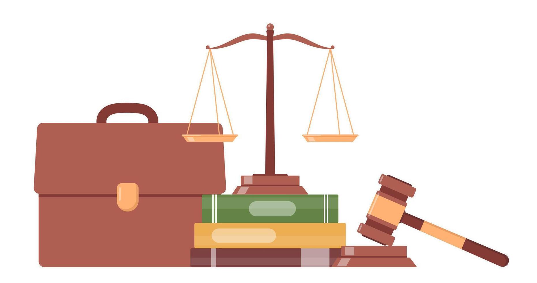 Symbols of justice. Law books, judicial gavel, weights of justice, briefcase. Vector illustration.