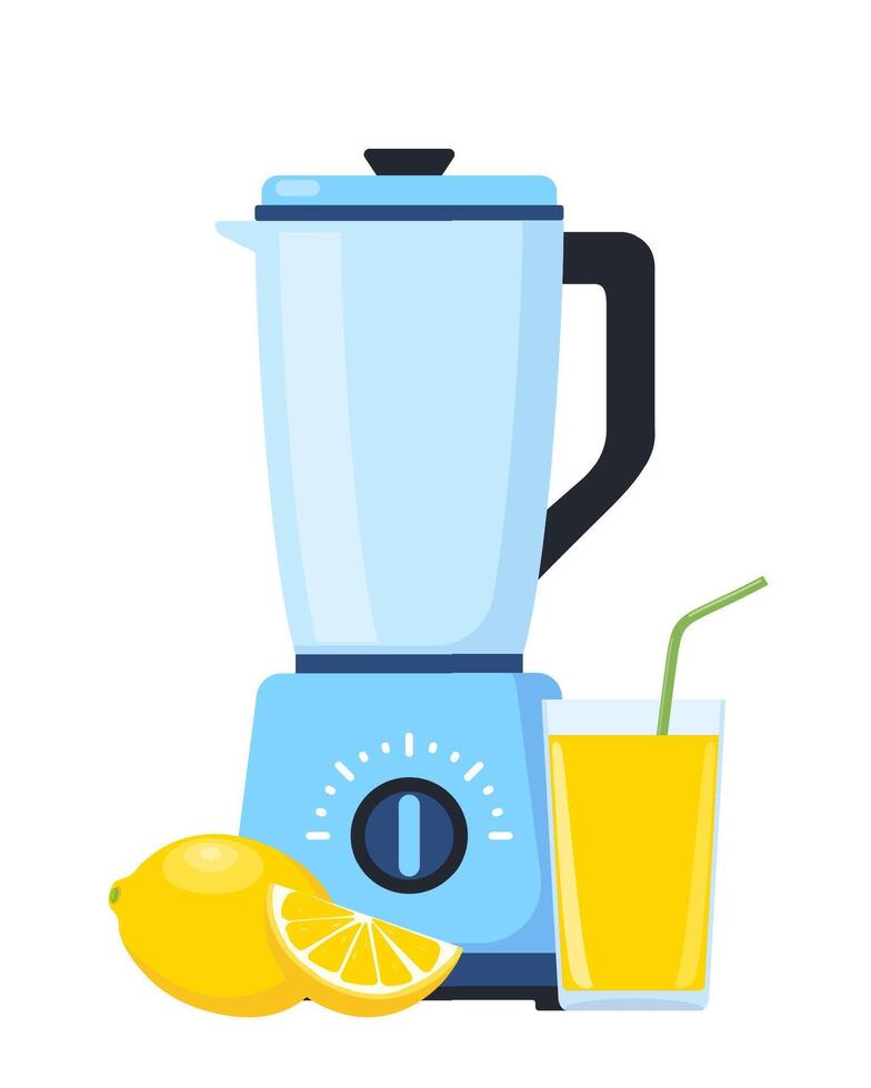 Blender or mixer. Equipment for smoothie making. Lemon and glass of fresh juice. Kitchen tool for cooking. Vector illustration.