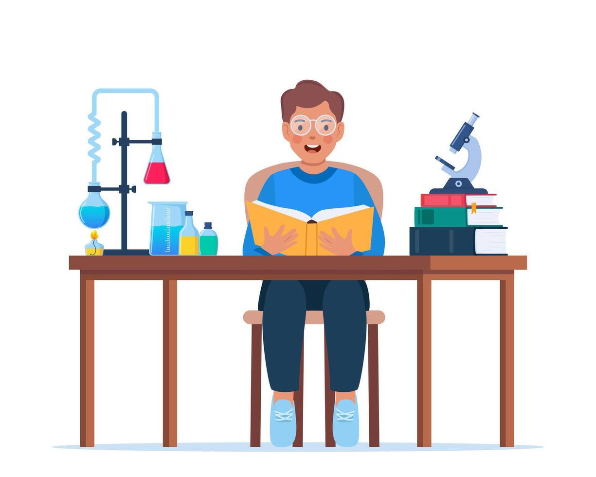 pequeño niño estudiando química. farmacia lugar de trabajo con libros y laboratorio equipo. investigación y exploración. estudios en química. vector ilustración.