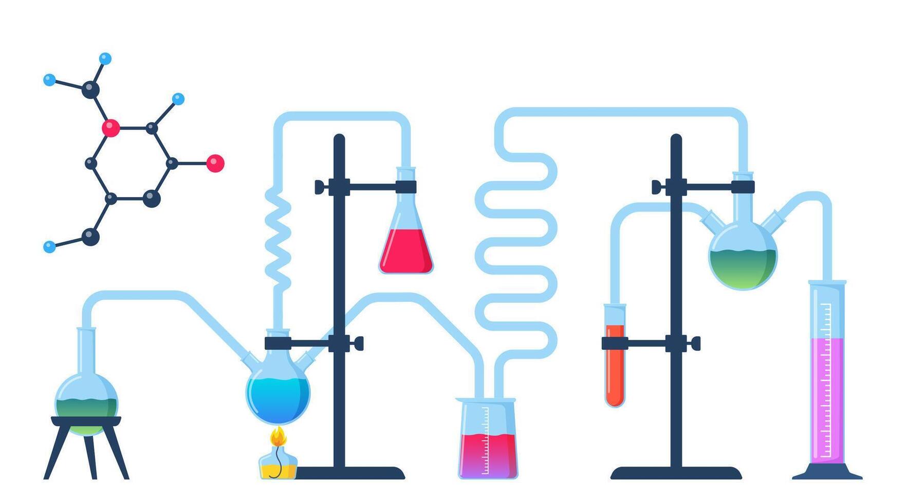 químico laboratorio con diferente vaso frascos, viales, Tubos de ensayo con sustancia y reactivos laboratorio investigación, pruebas, estudios en química, física, biología. bandera, póster. vector ilustración.