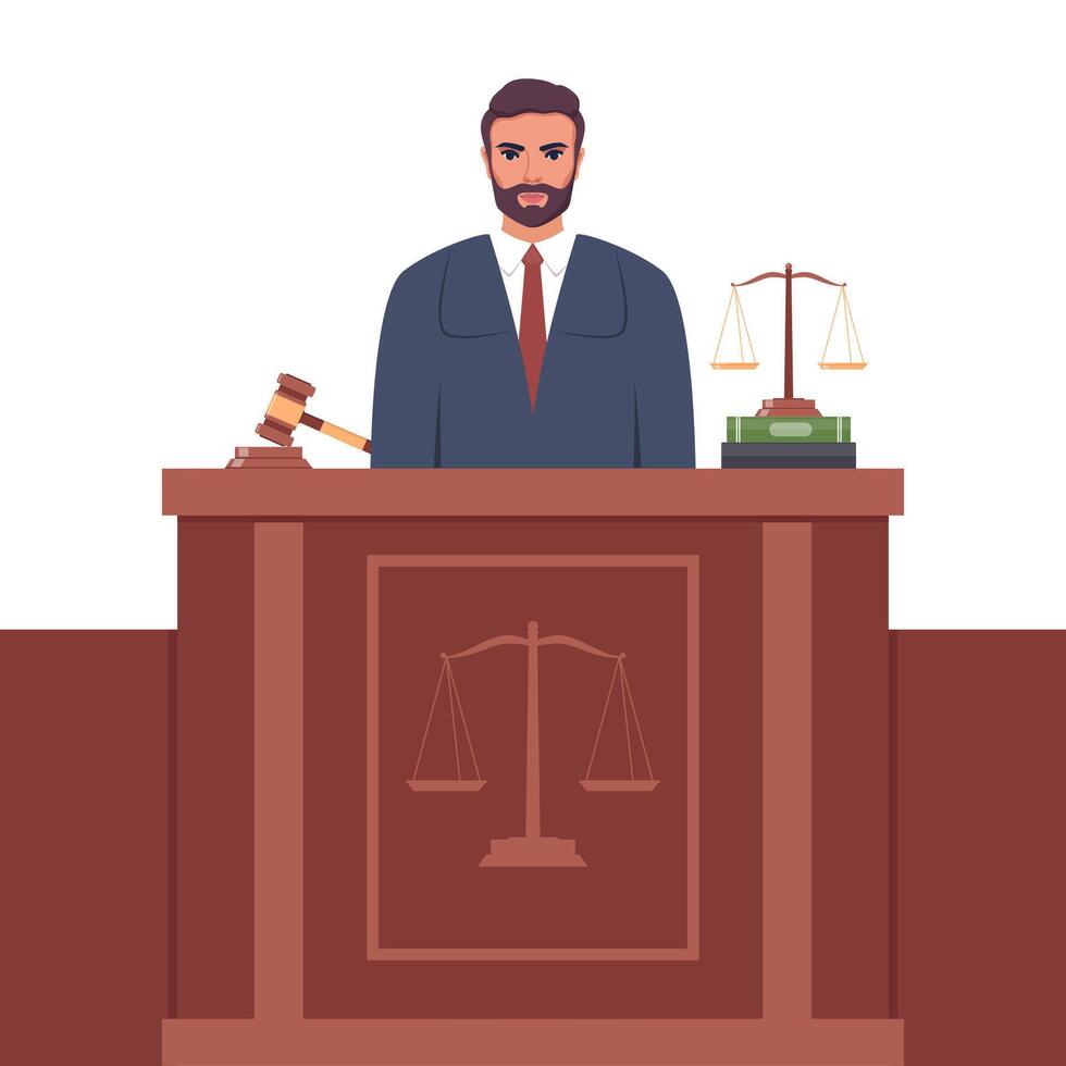 juez con martillo. hombre en negro túnica con mazo. jurisprudencia, justicia y ley. legal y sentencia. juicio concepto. vector ilustración.