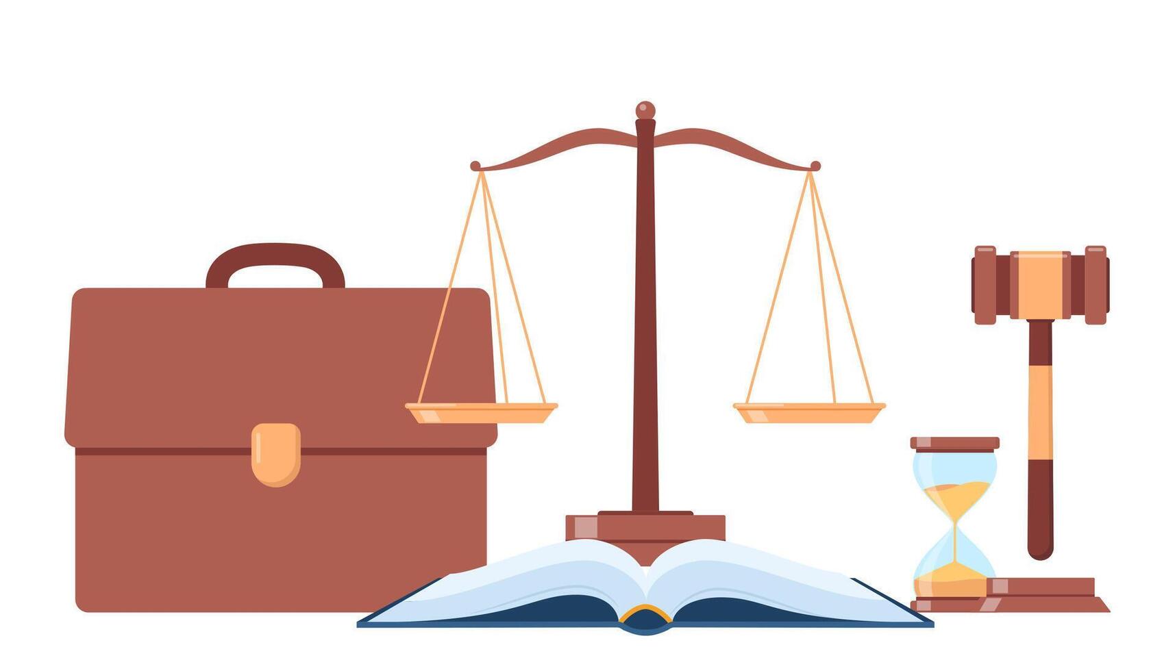 Symbols of justice. Law book, judicial gavel, weights of justice, courthouse, briefcase. Vector illustration.