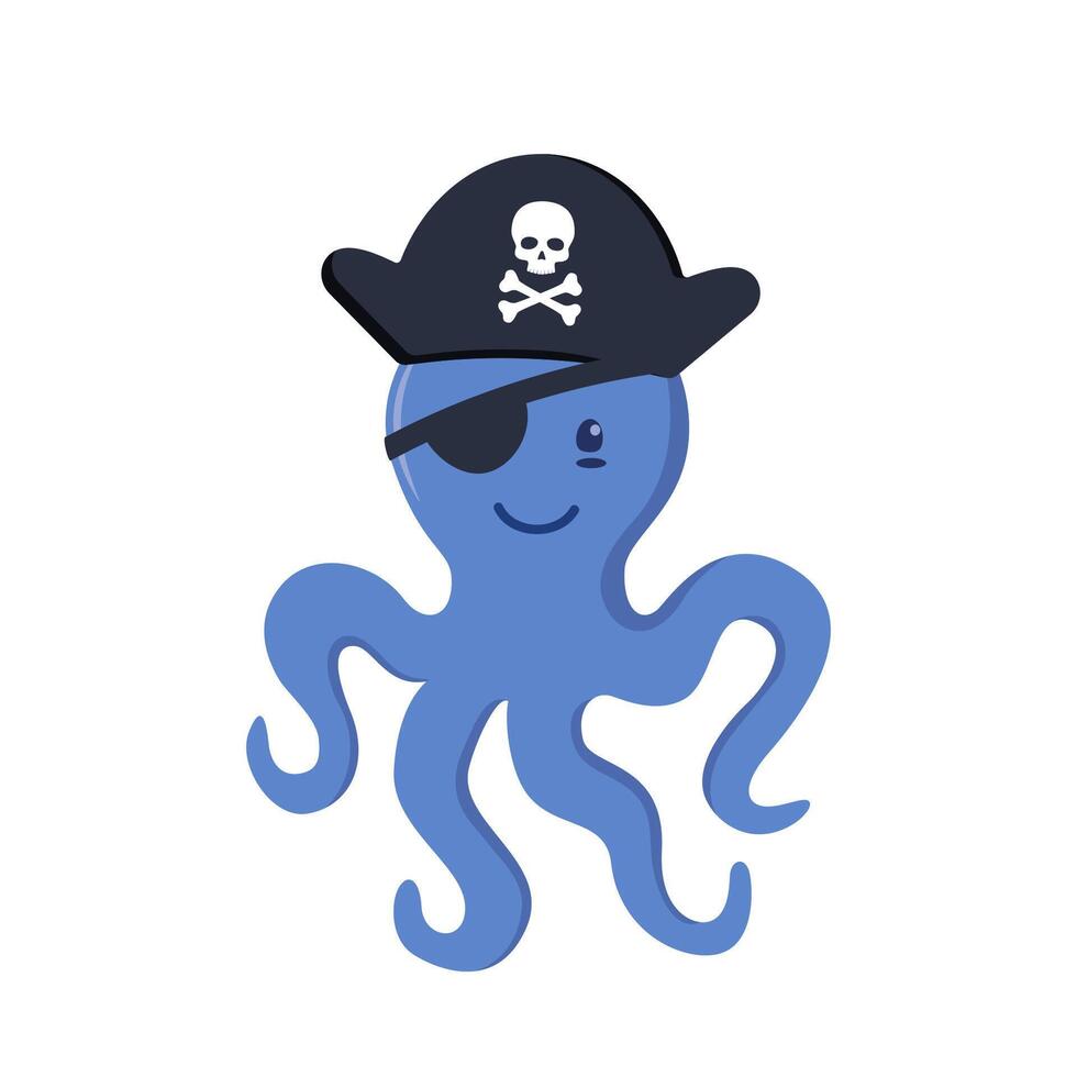 Cute octopus pirate character in pirate hat with skull and bones. Vector illustration.