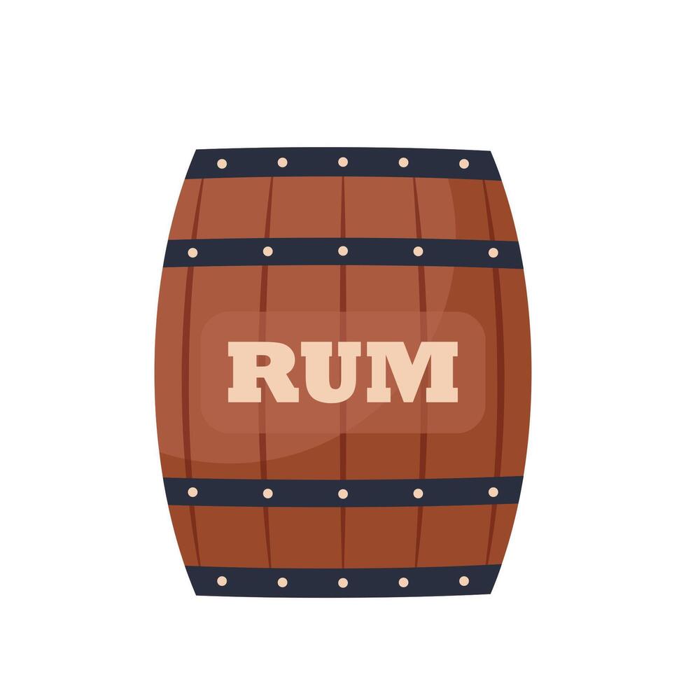 Wooden rum barrel. Cartoon oak old keg, alcohol storage. Symbol of pirates, adventure, treasure. Vector illustration.