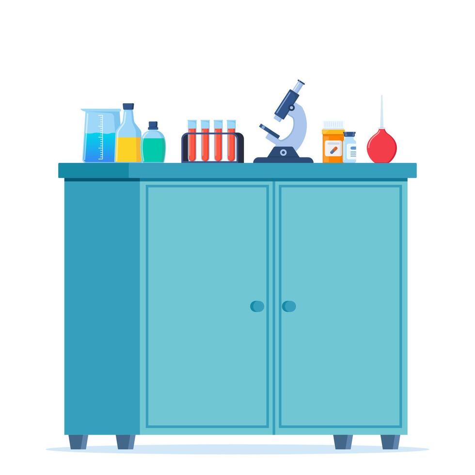 Medicine chest with medical flask, jars, test tubes, pills, microscope. Medical equipment. Hospital furniture element. Vector illustration.