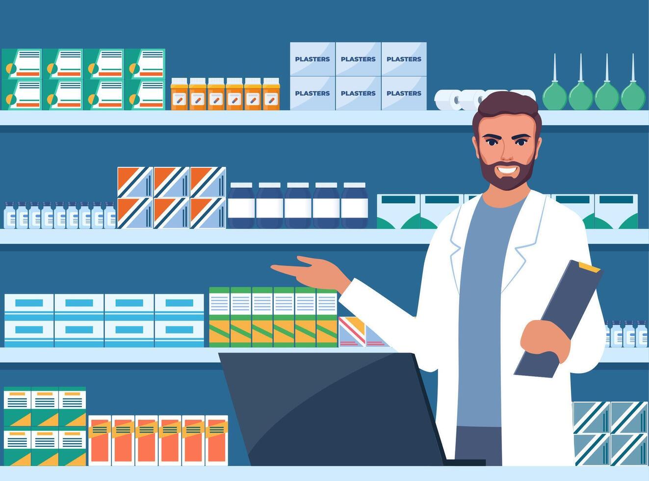 Pharmacist at counter in pharmacy. Druggist opposite shelves with medicines. Health care medical concept. Vector illustration.