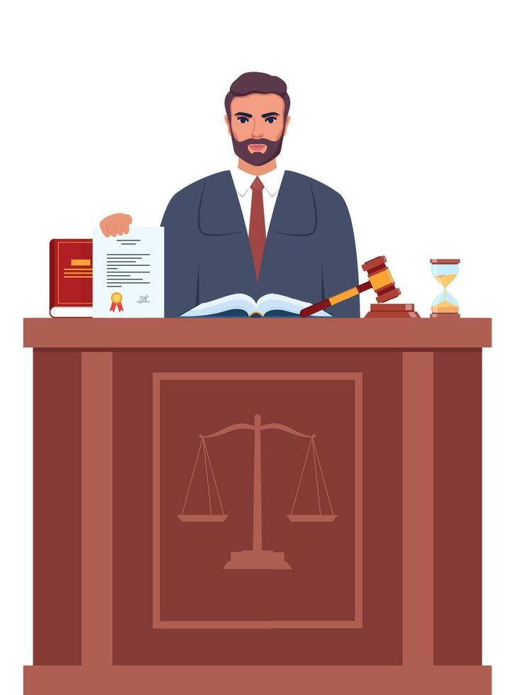 juez con martillo. hombre en negro túnica con mazo. jurisprudencia, justicia y ley. legal y sentencia. juicio concepto. vector ilustración.