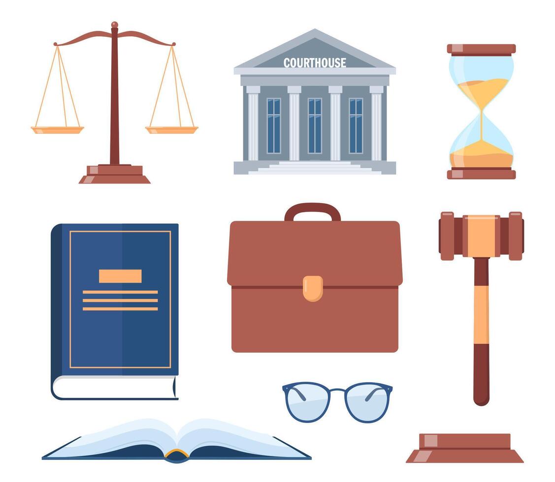 Symbols of justice. Law book, judicial gavel, weights of justice, courthouse, briefcase. Vector illustration.