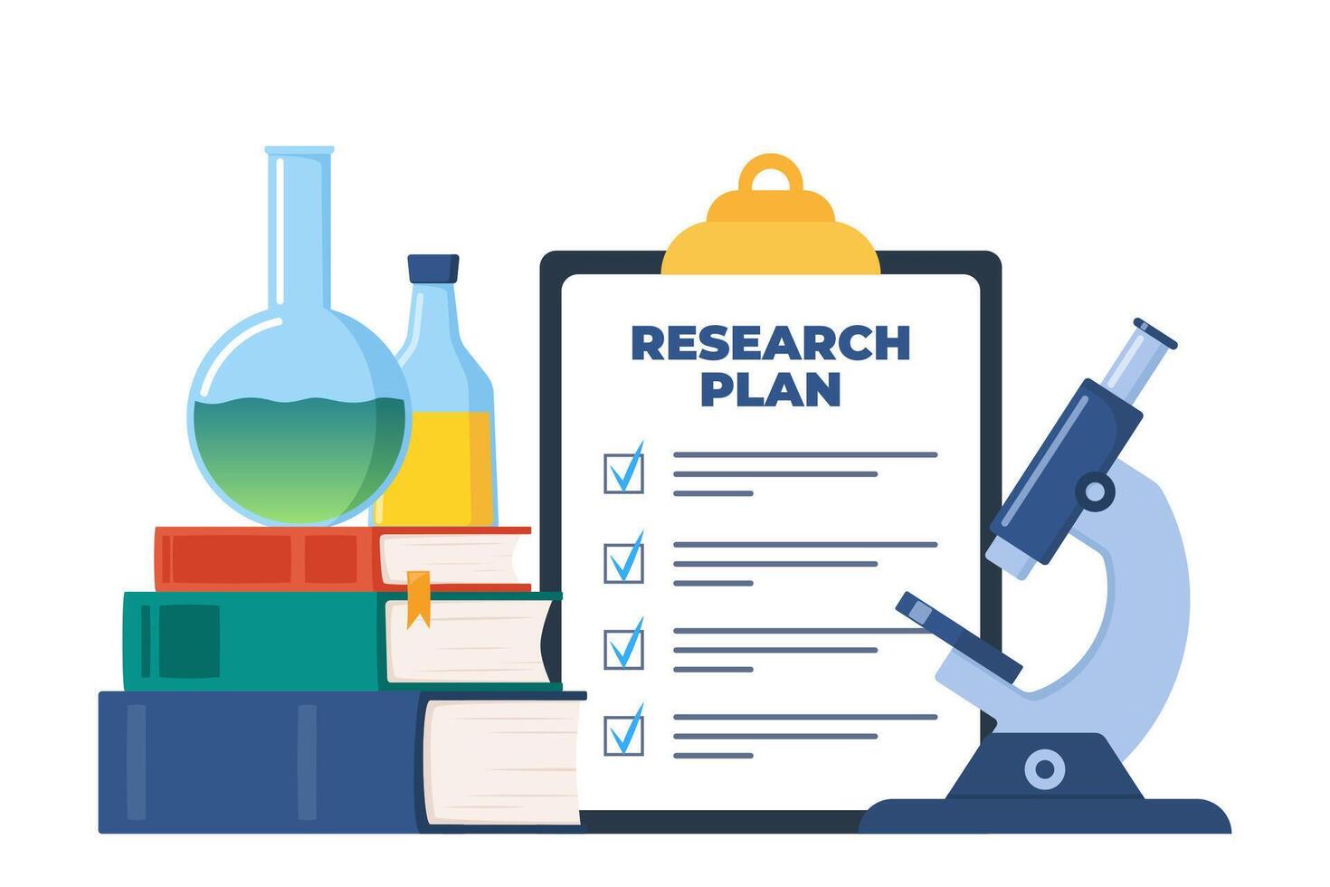 Chemical laboratory research plan on clipboard with checklist. Chemical Laboratory equipment and books. Lab research, testing, studies in chemistry. Vector illustration.