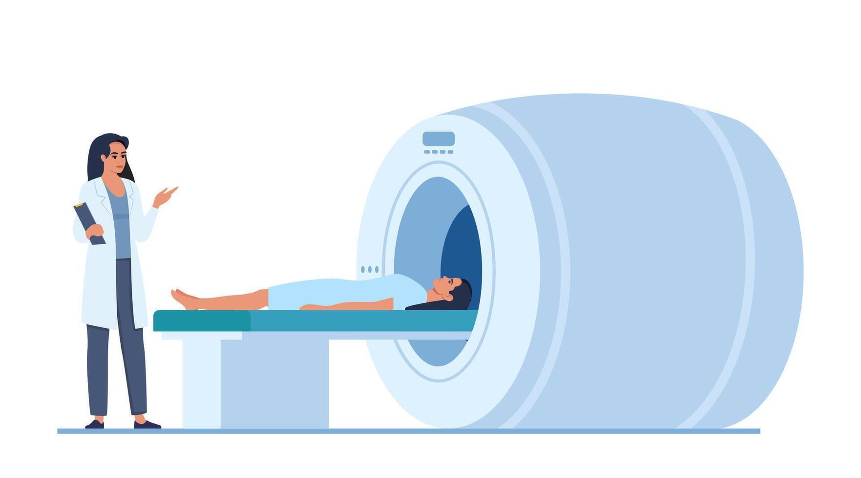 Patient Lying on MRI scan machine with doctor standing next to him. Magnetic Resonance Imaging. Doctor or nurse prepare for magnetic resonance imaging scan of patient. Vector illustration.