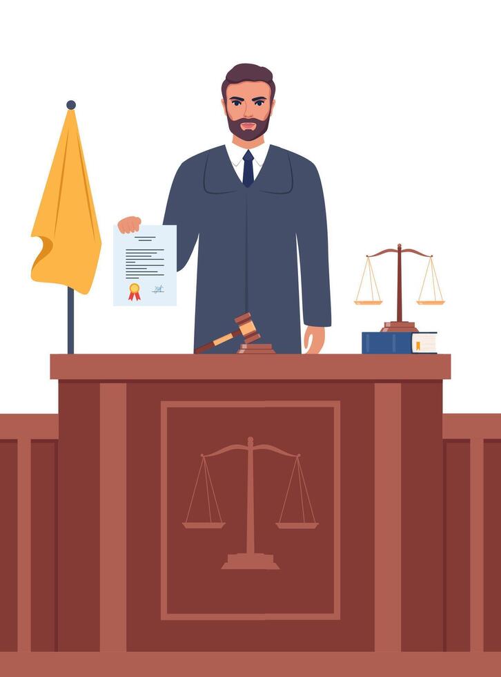 Judge with hammer. Man in black robe with gavel. Jurisprudence, justice and law. Legal and sentencing. Judgement concept. Vector illustration.