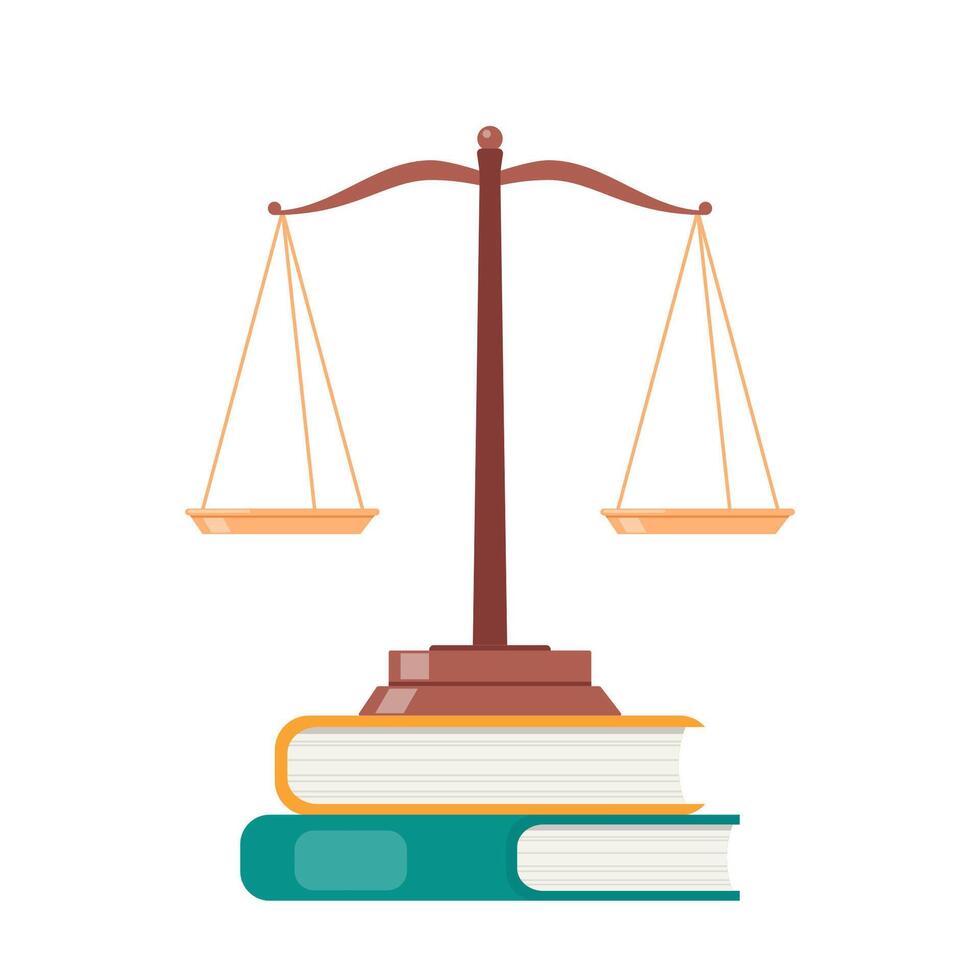 Scales on pile of books. Scales of law and justice for weight of legal judge. Lawyer's equal libras for symbol in flat for court. Vector illustration.