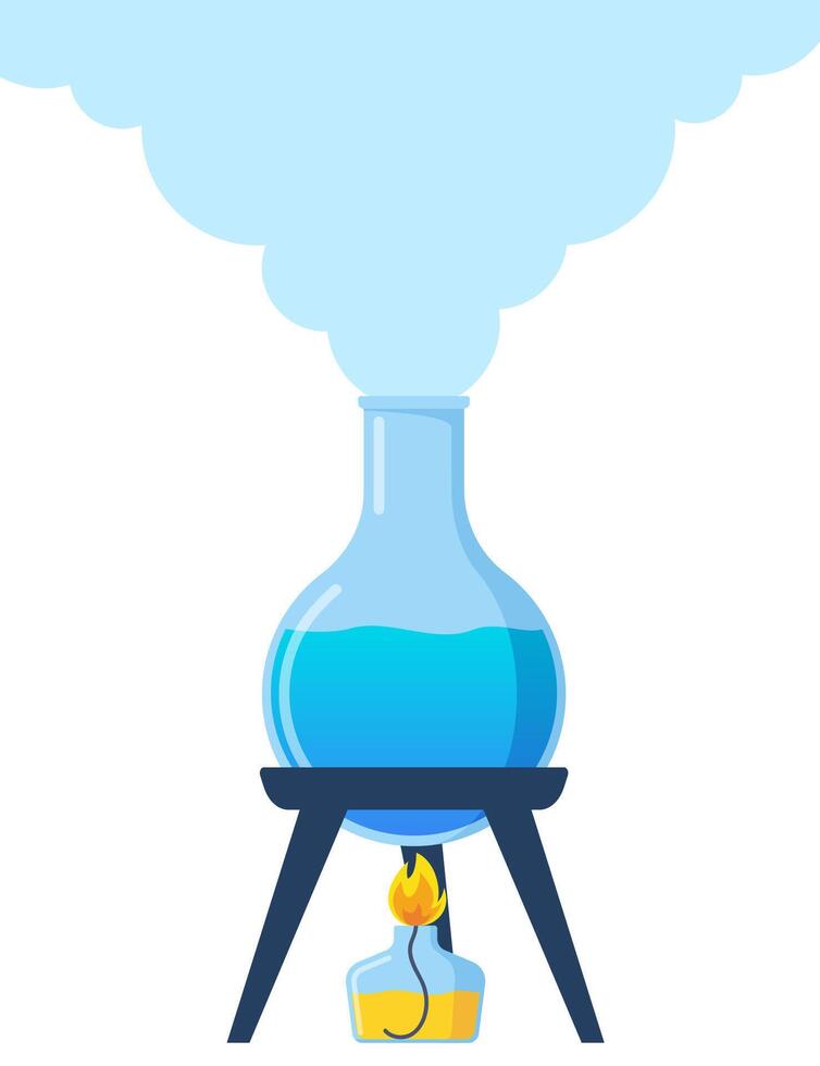 prueba tubo es calentado terminado el fuego de un espíritu lámpara, un quemador. química, científico laboratorio experimento. combustión proceso, calefacción. evaporación proceso. vector ilustración.