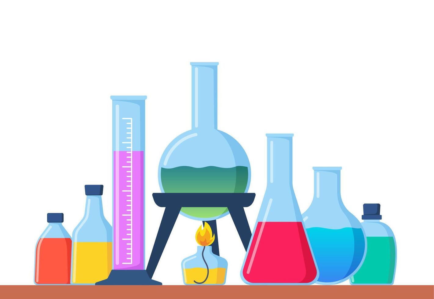 Chemical Laboratory with different glass flasks, vials, test-tubes with substance and reagents. Lab research, testing, studies in chemistry, physics, biology. Banner, poster. Vector illustration.