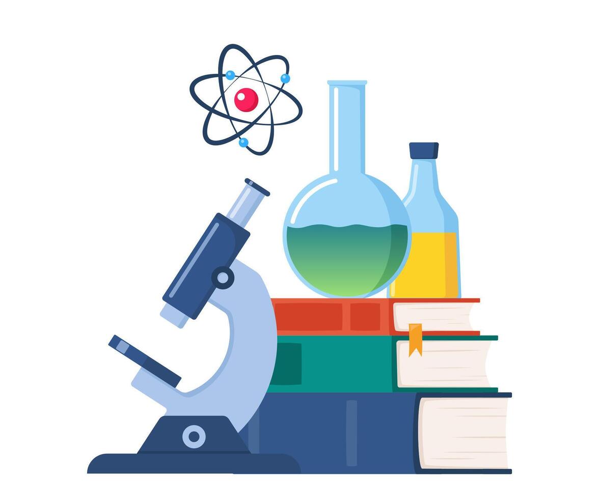 Chemical laboratory research. Chemical Laboratory equipment and books. Lab research, testing, studies in chemistry. Vector illustration.