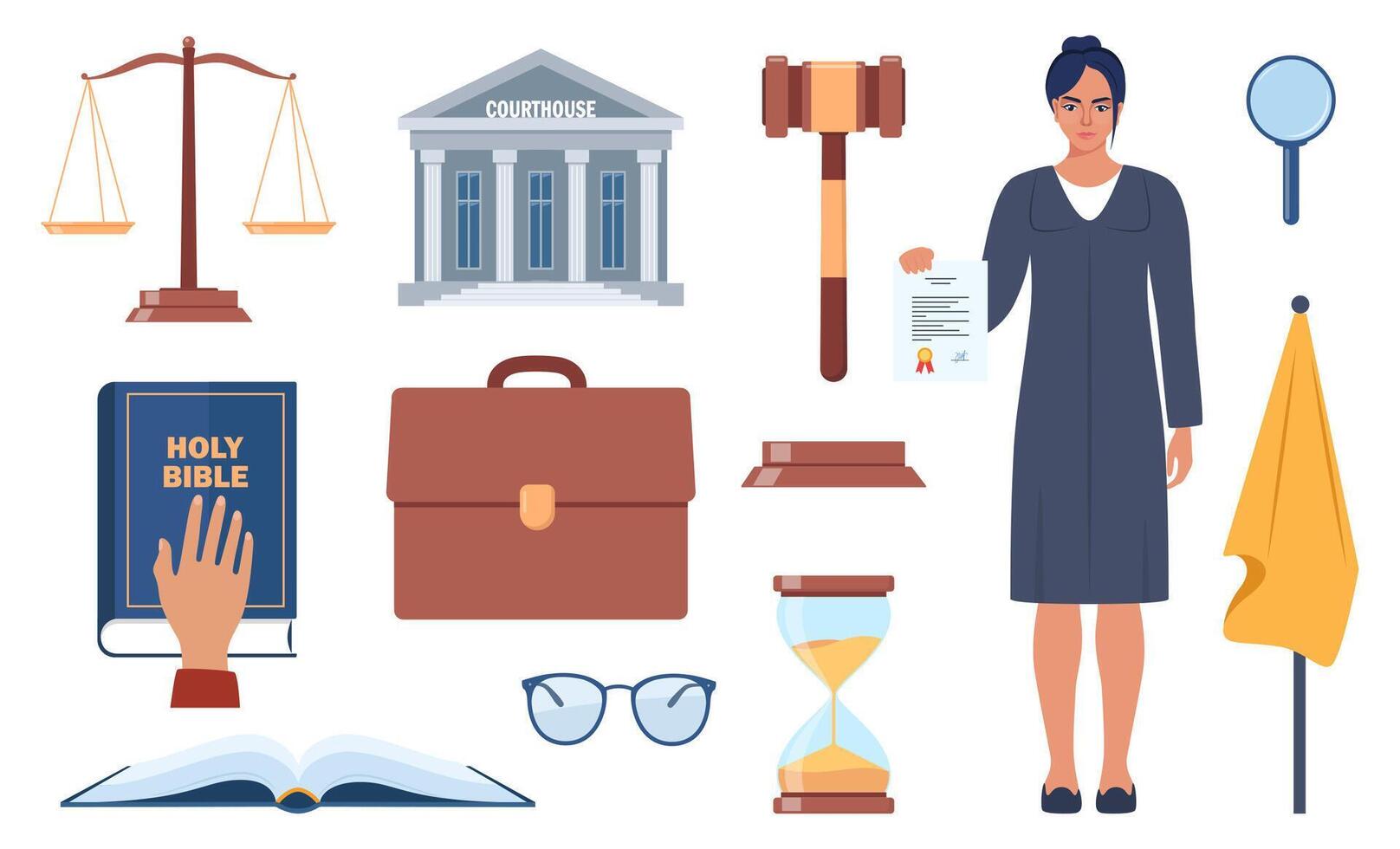 Symbols of justice. Judge in black robe, law book, judicial gavel, weights of justice, courthouse, briefcase. Vector illustration.