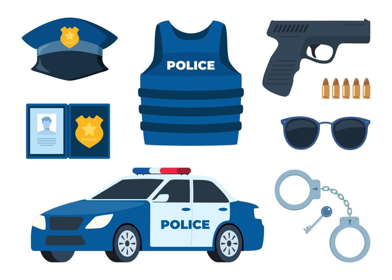 Police professional equipment for pursue and capture a criminal. Handcuffs, bulletproof vest, pistol gun, truncheon, police badge, car. Vector illustration.