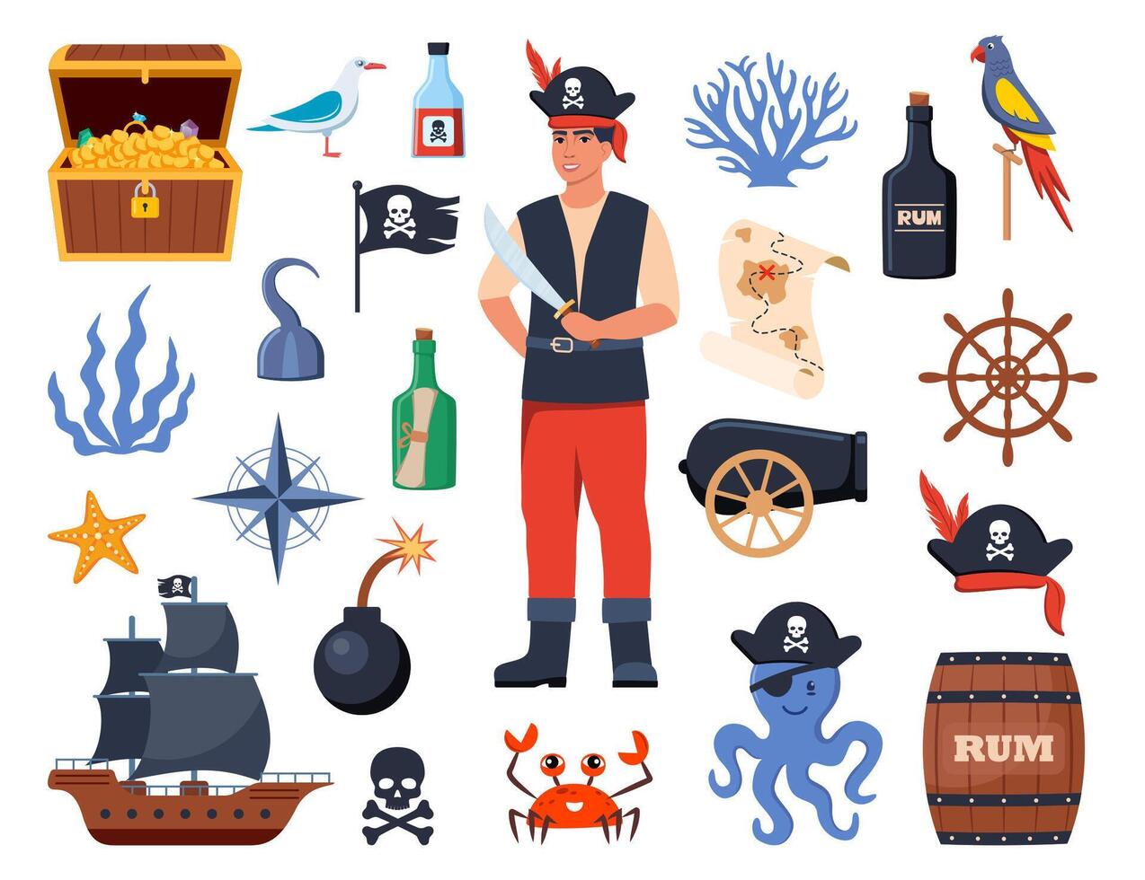 Pirate elements set. Pirates theme illustrations with ship, captain, chest, map, parrot, rum, cannonball. Funny pirate party icons. Vector illustration.