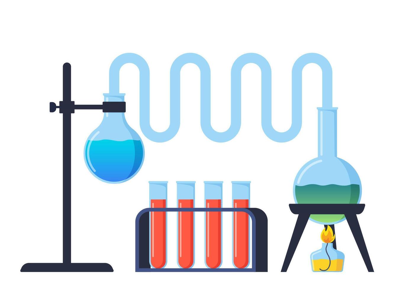 Test tube is heated over the fire of a spirit lamp, a burner. Chemistry, Scientific laboratory experiment. Combustion process, heating. Evaporation process. Vector illustration.