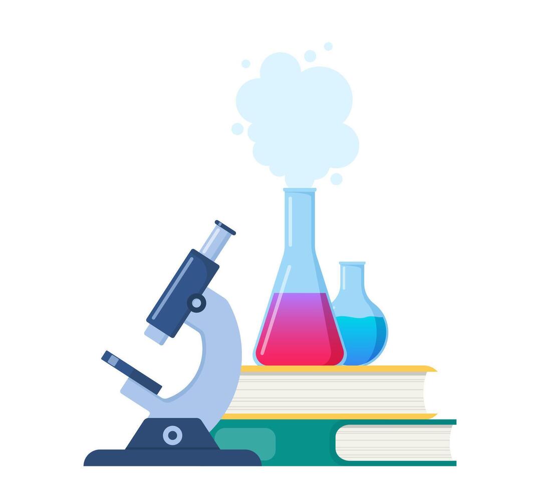 químico laboratorio investigación. químico laboratorio equipo y libros. laboratorio investigación, pruebas, estudios en química. vector ilustración.