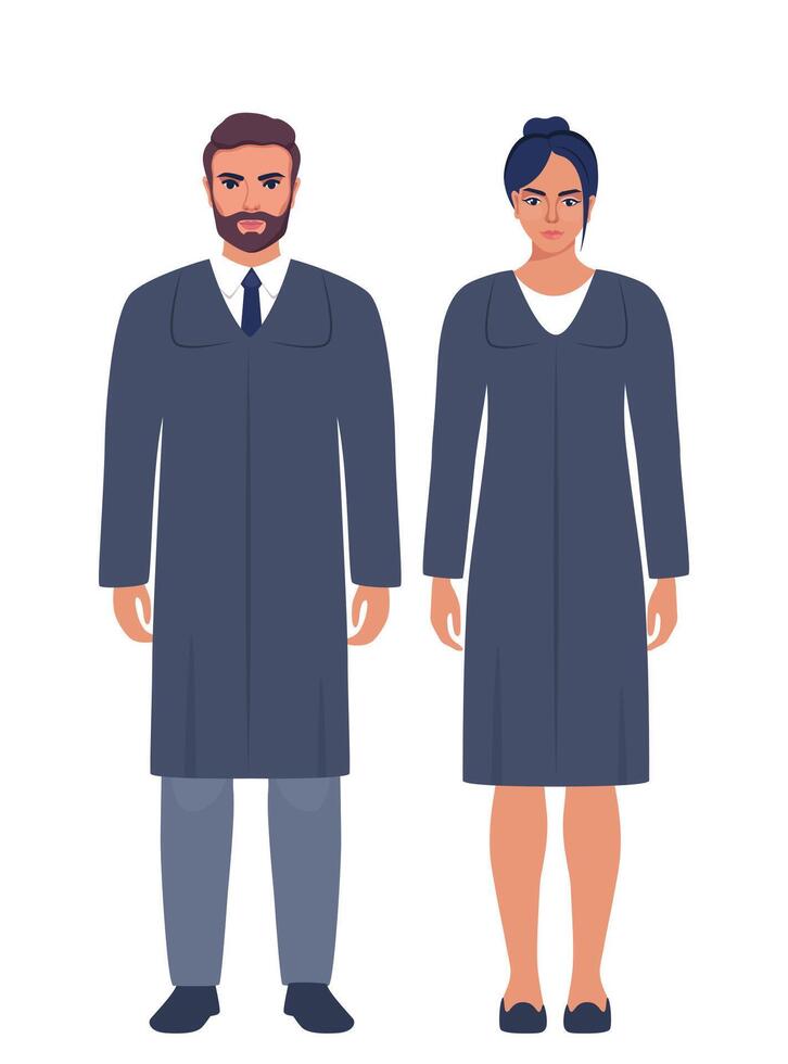 jueces caracteres. mujer y hombre legal consultores, Corte trabajadores juez masculino y hembra en negro túnicas vector ilustración.