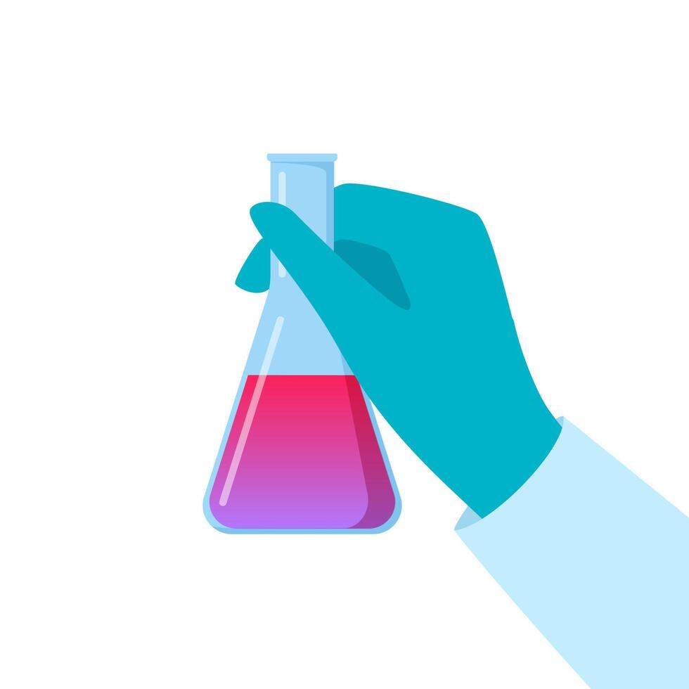 Chemical flask in hand. Gloved hand holding a flask. Liquid in vial. Concept of vaccine, chemical experiments, medical research, science achievement. Vector illustration.