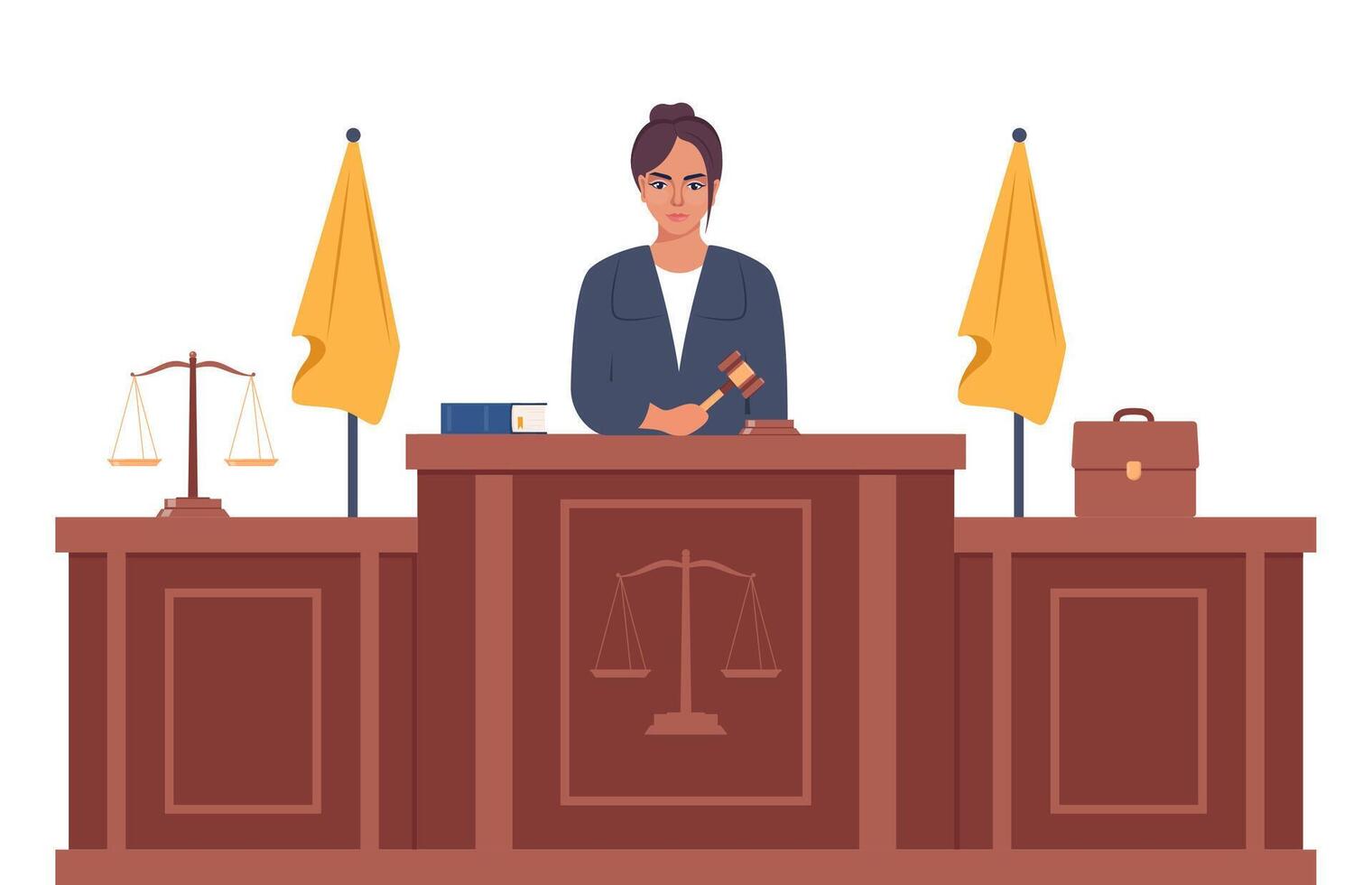 juez con martillo. mujer en negro túnica con mazo. jurisprudencia, justicia y ley. legal y sentencia. juicio concepto. vector ilustración.