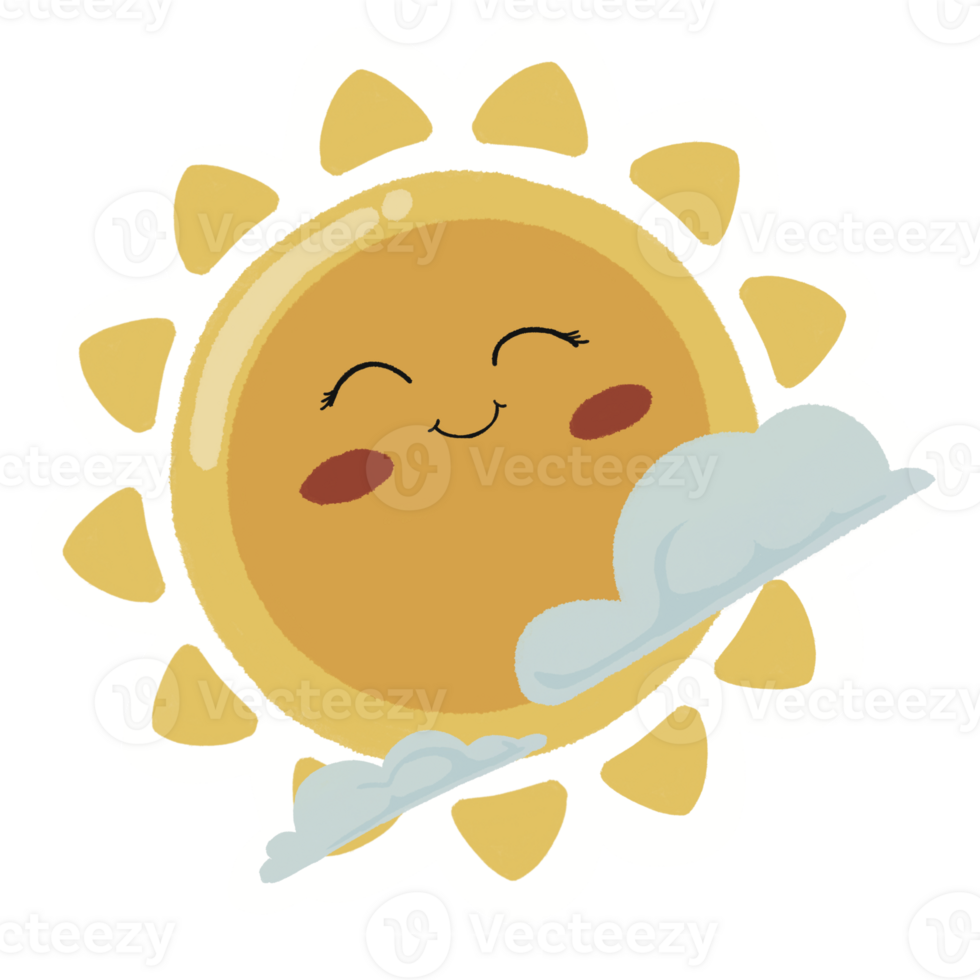 Cute smiling sun and clouds illustration isolated. Suitable for cheerful design poster png