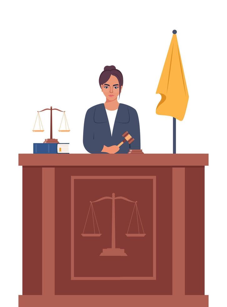 juez con martillo. mujer en negro túnica con mazo. jurisprudencia, justicia y ley. legal y sentencia. juicio concepto. vector ilustración.